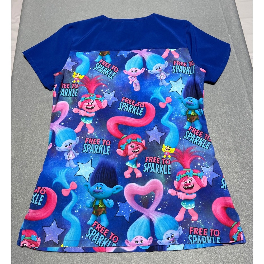 DreamWorks Trolls Free to Sparkle Scrub Top Blue V-Neck XS Poppy Branch TF645